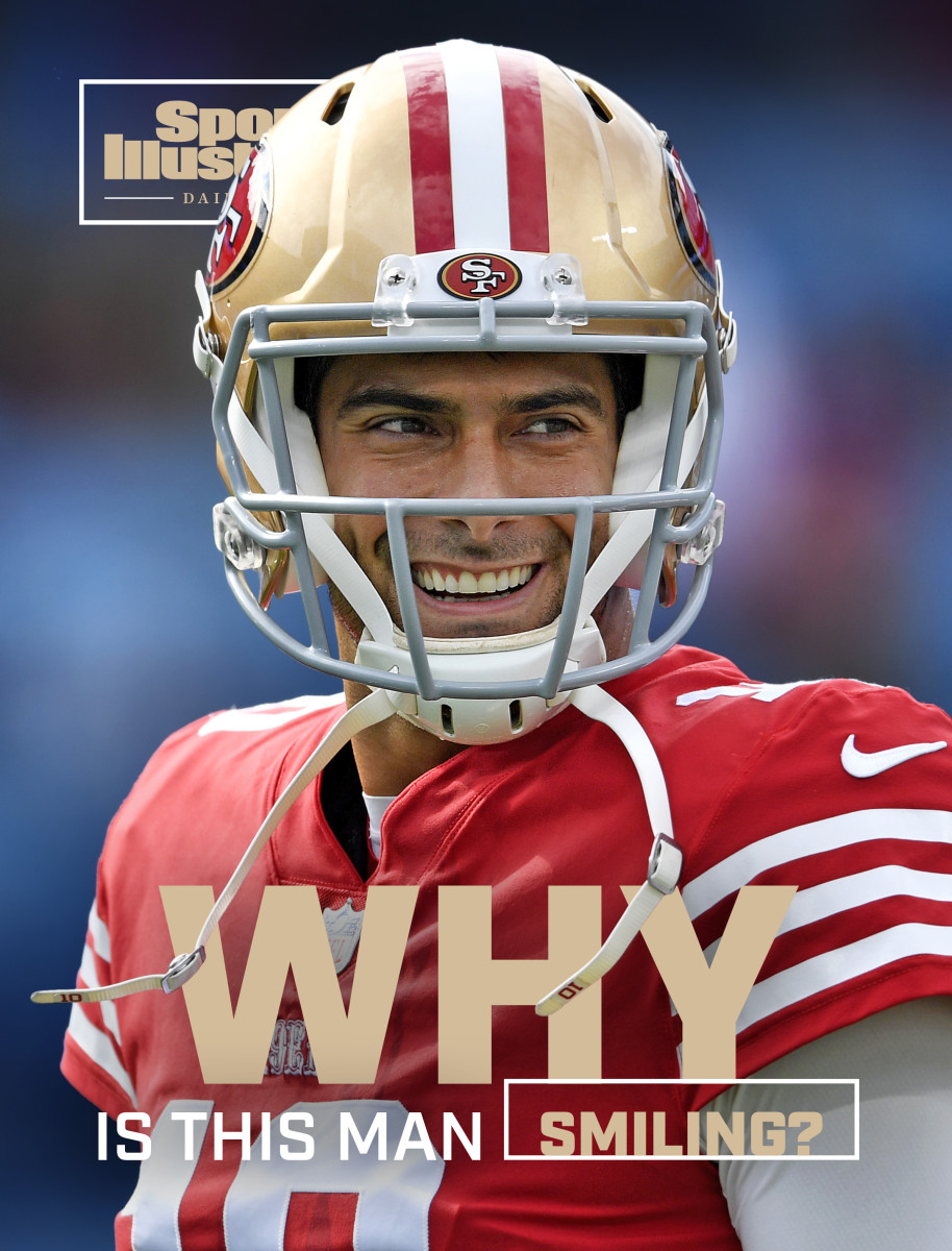 A smiling Jimmy Garoppolo with his helmet on on the SI Daily Cover